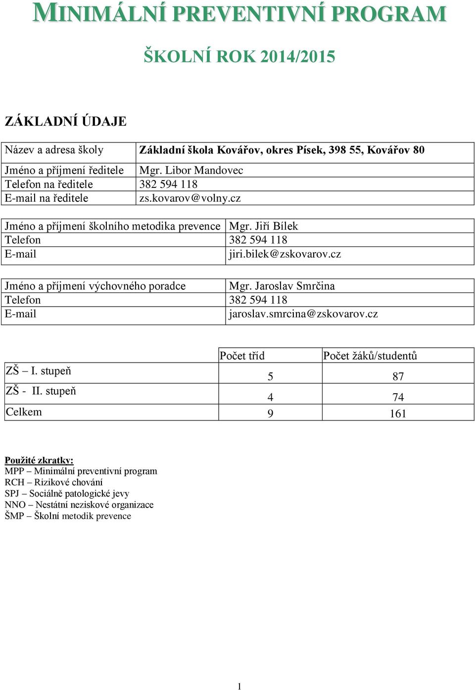 bilek@zskovarov.cz Jméno a příjmení výchovného poradce Mgr. Jaroslav Smrčina Telefon 382 594 118 E-mail jaroslav.smrcina@zskovarov.cz tříd žáků/studentů ZŠ I. stupeň 5 87 ZŠ - II.