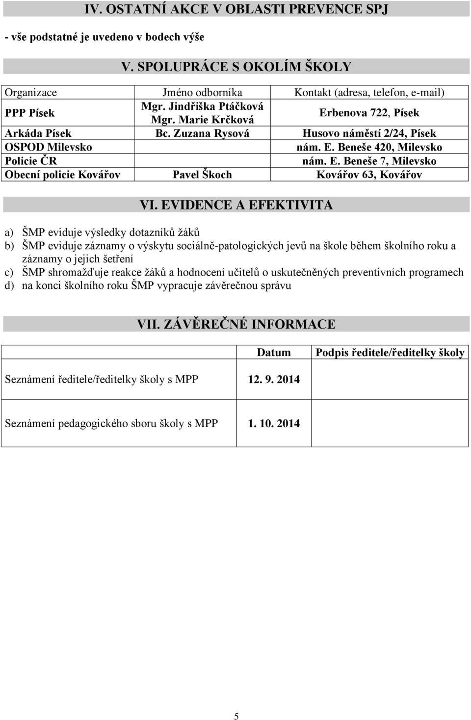 EVIDENCE A EFEKTIVITA a) ŠMP eviduje výsledky dotazníků žáků b) ŠMP eviduje záznamy o výskytu sociálně-patologických jevů na škole během školního roku a záznamy o jejich šetření c) ŠMP shromažďuje