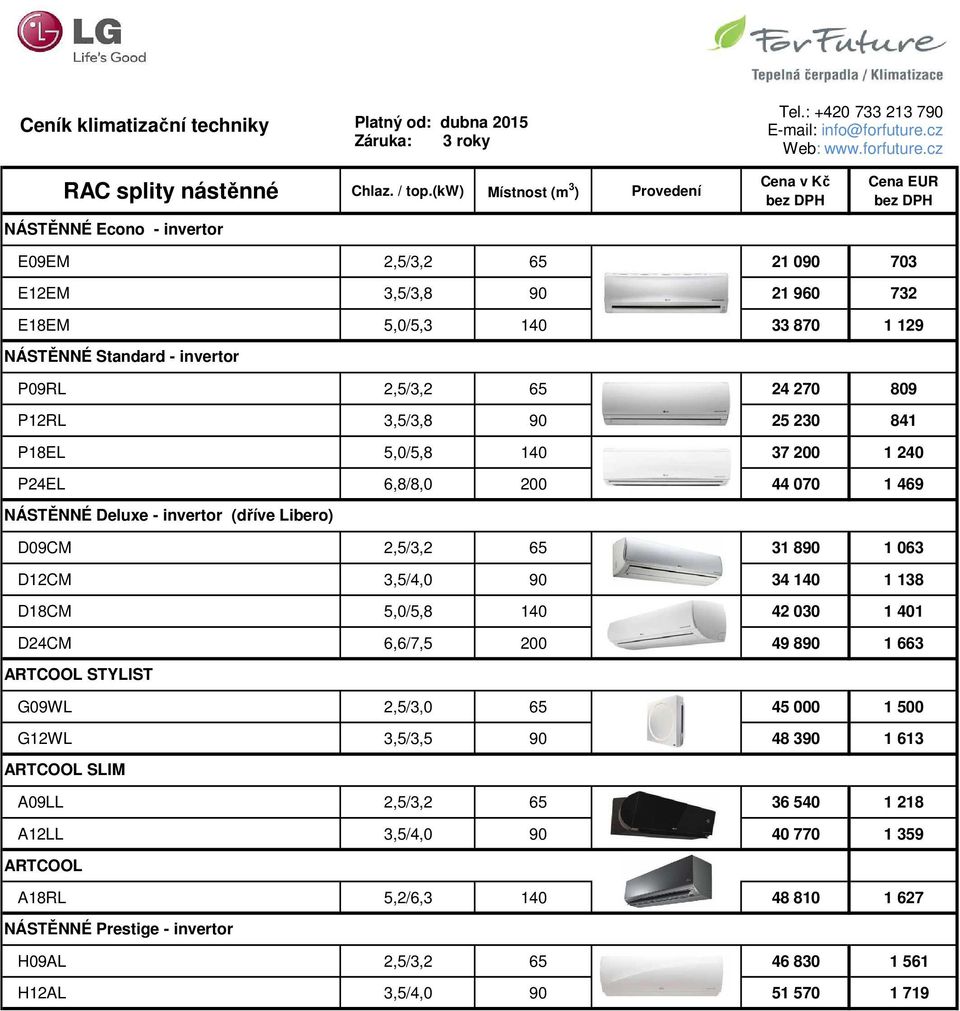 24 270 809 P12RL 3,5/3,8 90 25 230 841 P18EL 5,0/5,8 140 37 200 1 240 P24EL 6,8/8,0 200 44 070 1 469 NÁSTĚNNÉ Deluxe - invertor (dříve Libero) D09CM 2,5/3,2 65 31 890 1 063 D12CM 3,5/4,0 90 34 140 1