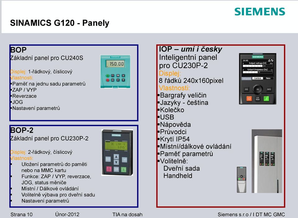 Místní / Dálkové ovládání Volitelně výbava pro dveřní sadu Nastavení parametrů IOP umí i česky Inteligentní panel pro CU230P-2 Displej: 8 řádků 240x160pixel Vlastnosti: