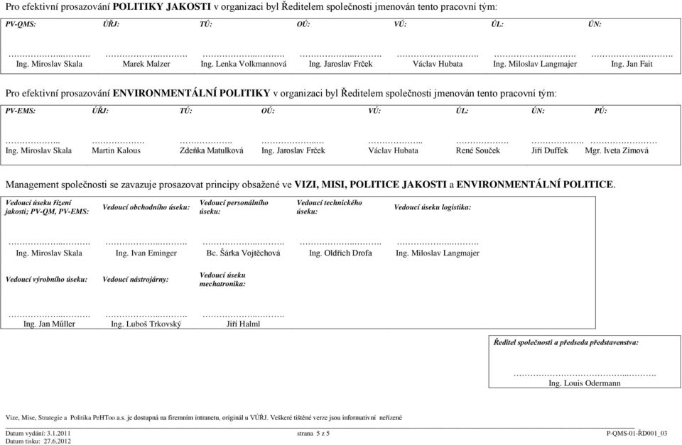 Jan Fait Pro efektivní prosazování ENVIRONMENTÁLNÍ POLITIKY v organizaci byl Ředitelem společnosti jmenován tento pracovní tým: PV-EMS: ÚŘJ: TÚ: OÚ: VÚ: ÚL: ÚN: PÚ:.......... Ing.