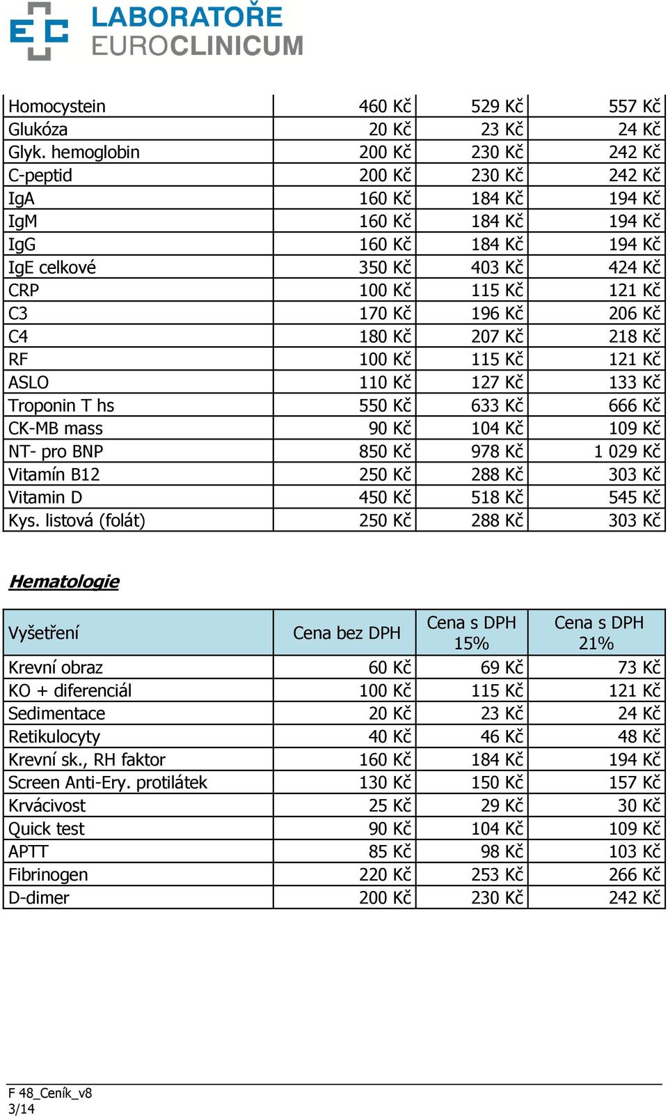 170 Kč 196 Kč 206 Kč C4 180 Kč 207 Kč 218 Kč RF 100 Kč 115 Kč 121 Kč ASLO 110 Kč 127 Kč 133 Kč Troponin T hs 550 Kč 633 Kč 666 Kč CK-MB mass 90 Kč 104 Kč 109 Kč NT- pro BNP 850 Kč 978 Kč 1 029 Kč