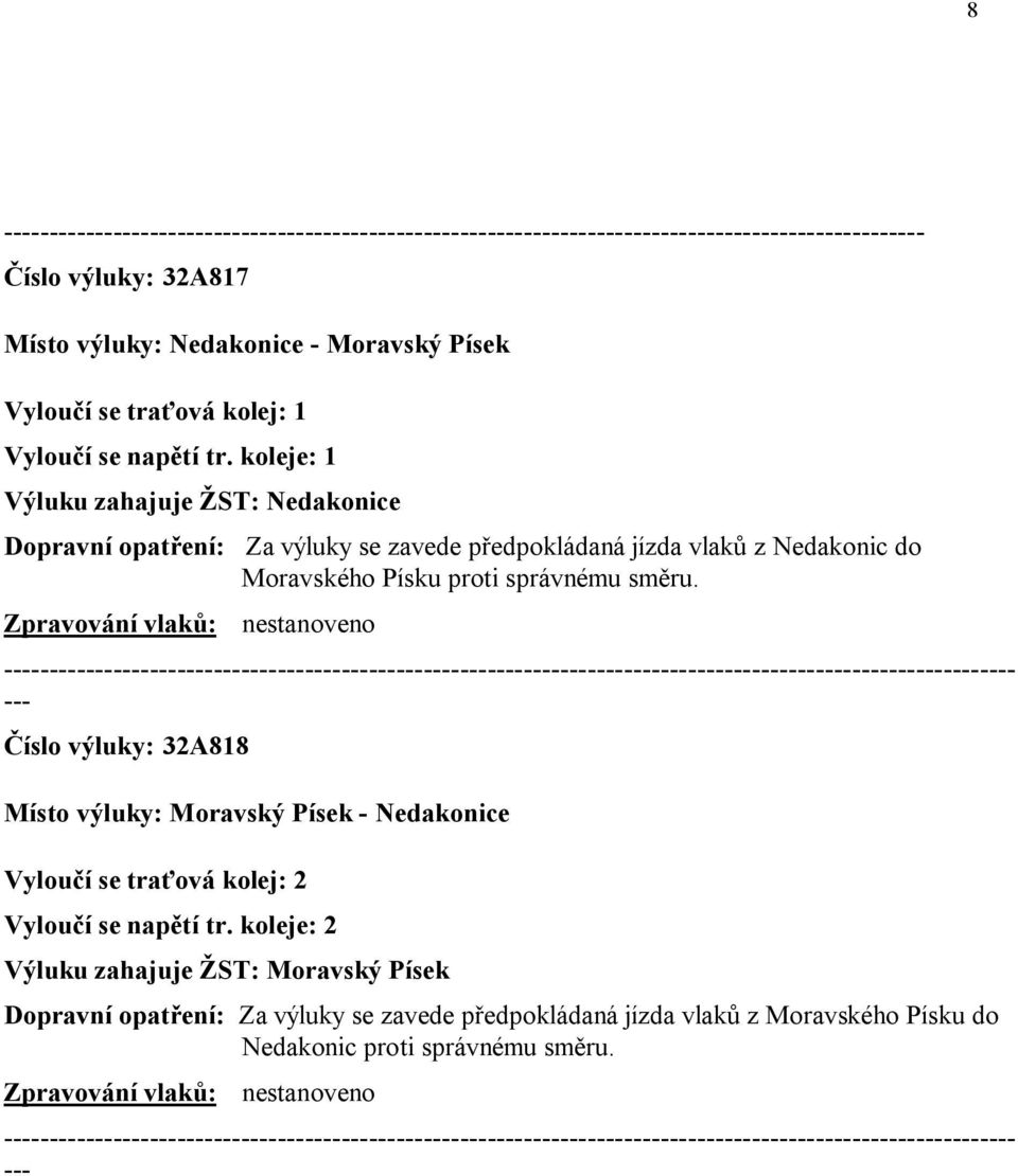 správnému směru. nestanoveno Číslo výluky: 32A818 Místo výluky: Moravský Písek - Nedakonice Vyloučí se traťová kolej: 2 Vyloučí se napětí tr.