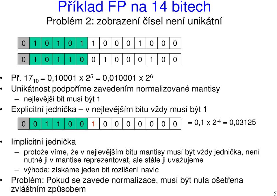 bitu vždy musí být 1 0 0 1 1 0 0 1 0 0 0 0 0 0 0 = 0,1 x 2-4 = 0,03125 Implicitní jednička protože víme, že v nejlevějším bitu mantisy musí být vždy