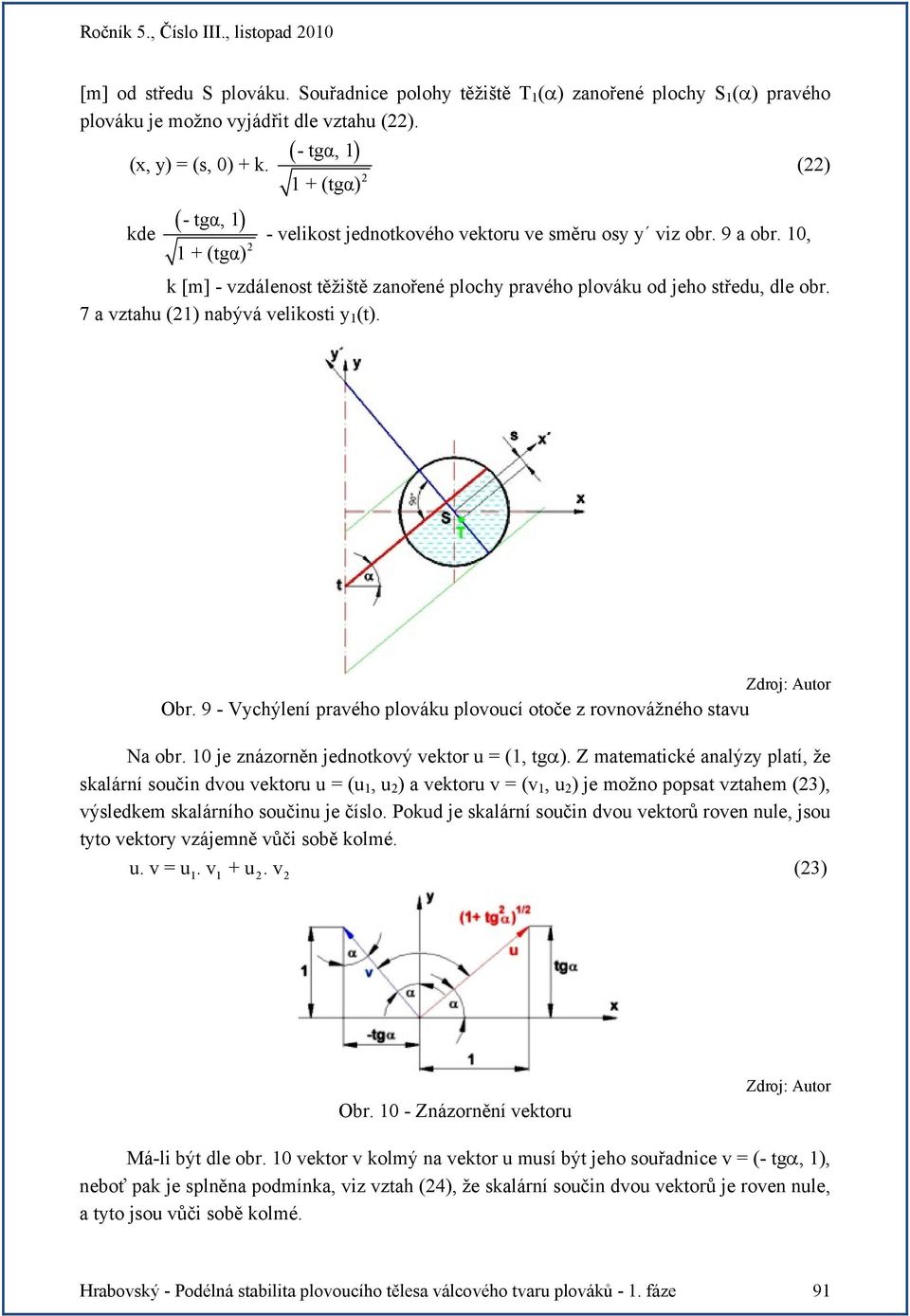 7 a vztahu () nabývá velikosti y (t). () Ob. 9 - Vychýlení pavého plováku plovoucí otoče z ovnovážného stavu Na ob. 0 je znázoněn jednotkový vekto u = (, tgα).