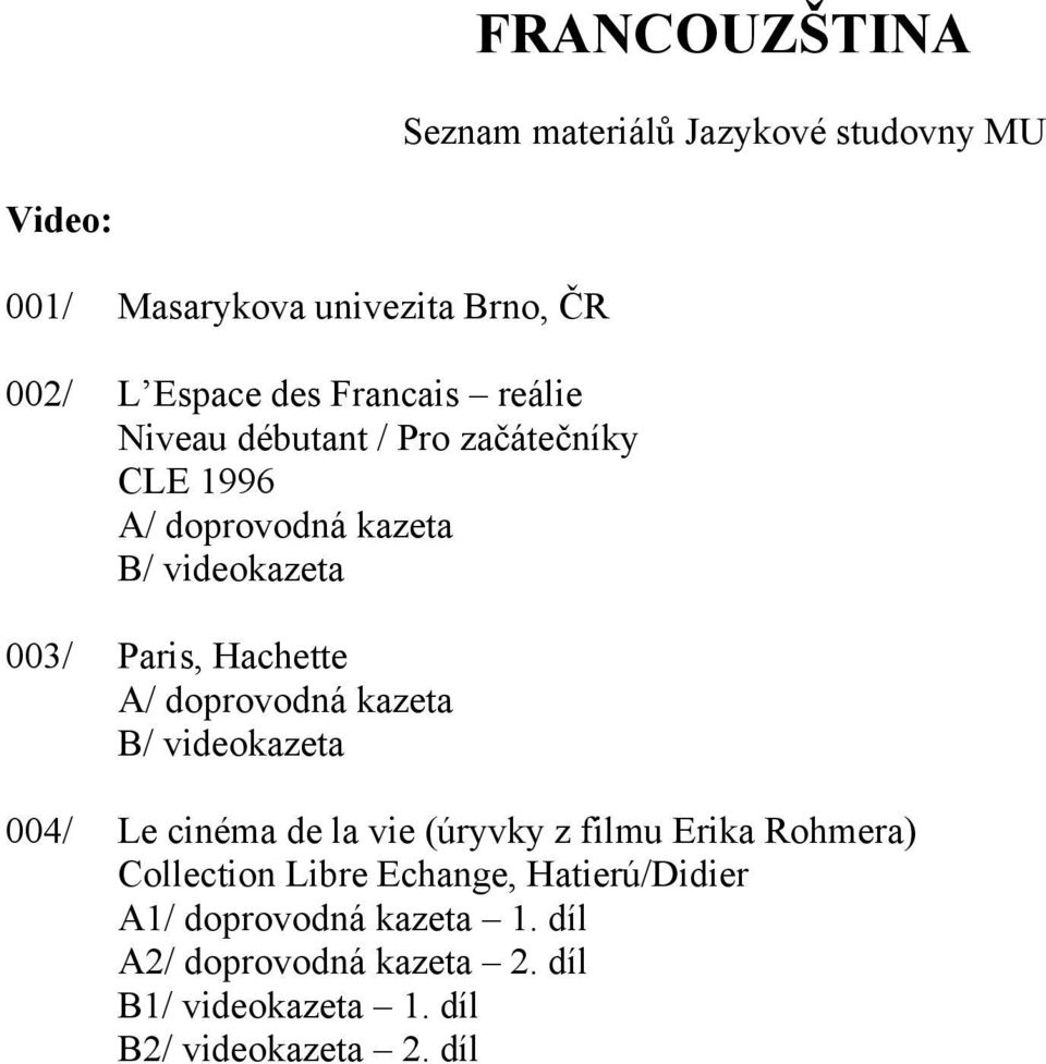 B/ videokazeta 004/ Le cinéma de la vie (úryvky z filmu Erika Rohmera) Collection Libre Echange,