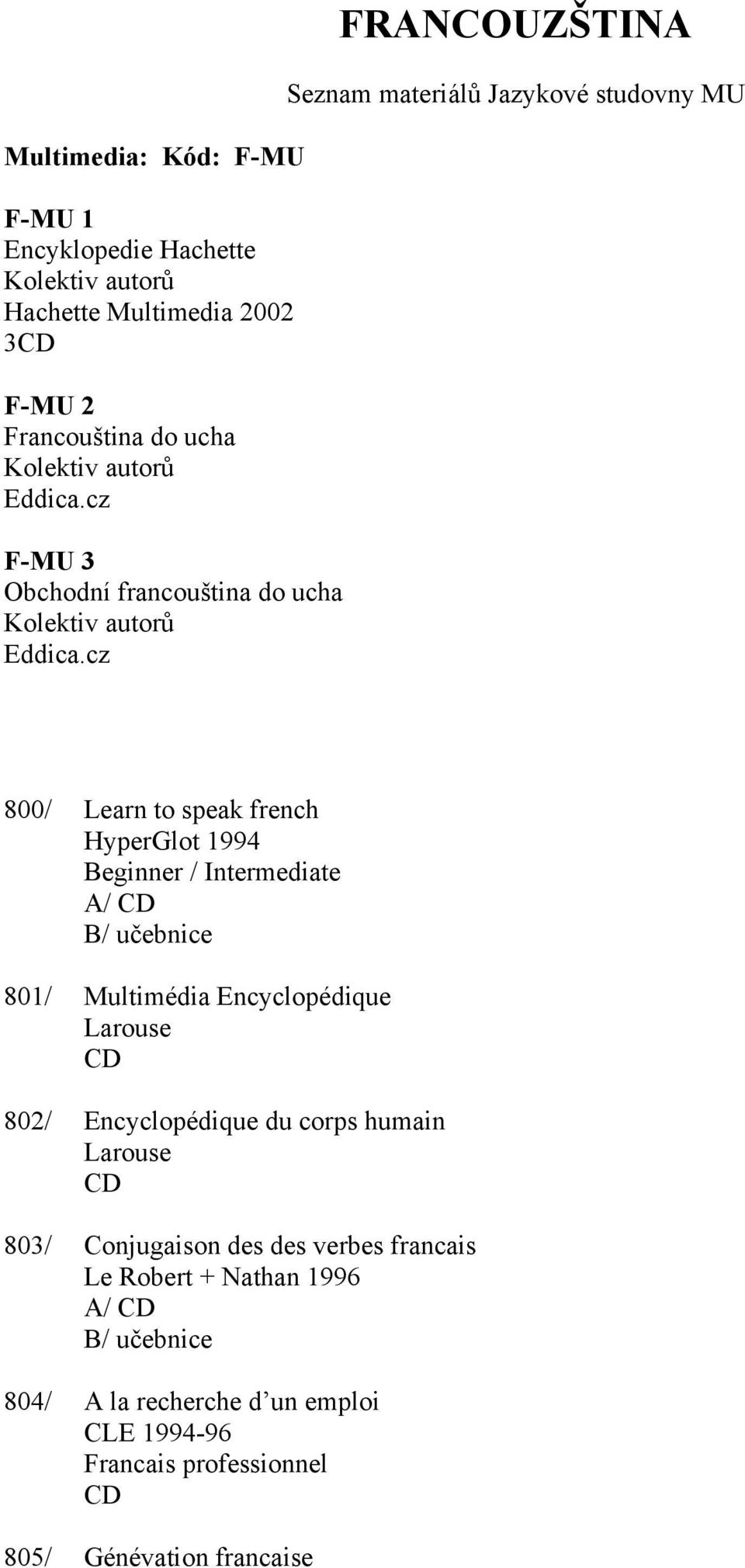 cz FRANCOUZŠTINA 800/ Learn to speak french HyperGlot 1994 Beginner / Intermediate A/ CD B/ učebnice 801/ Multimédia Encyclopédique Larouse CD