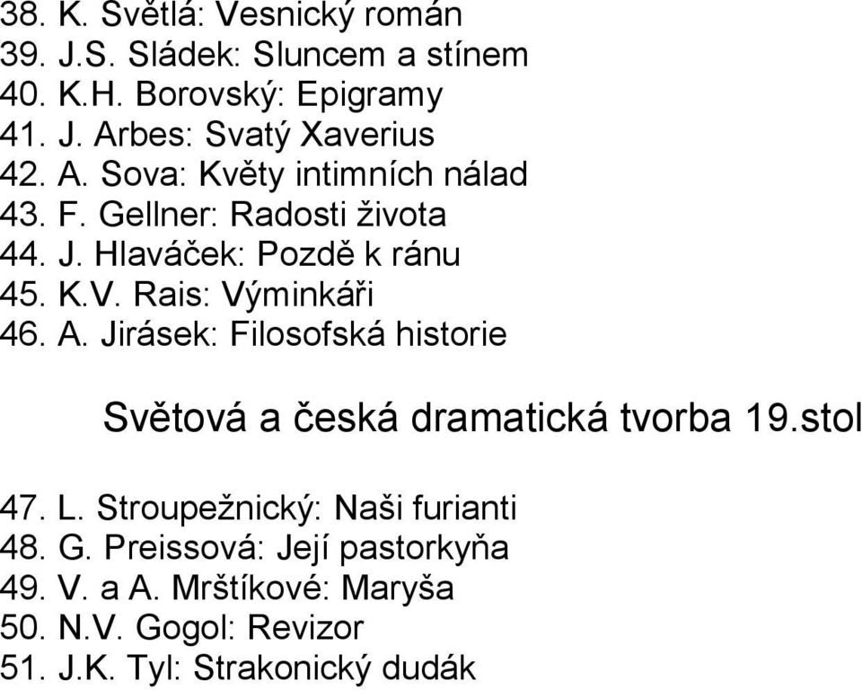 Rais: Výminkáři 46. A. Jirásek: Filosofská historie Světová a česká dramatická tvorba 19.stol 47. L.