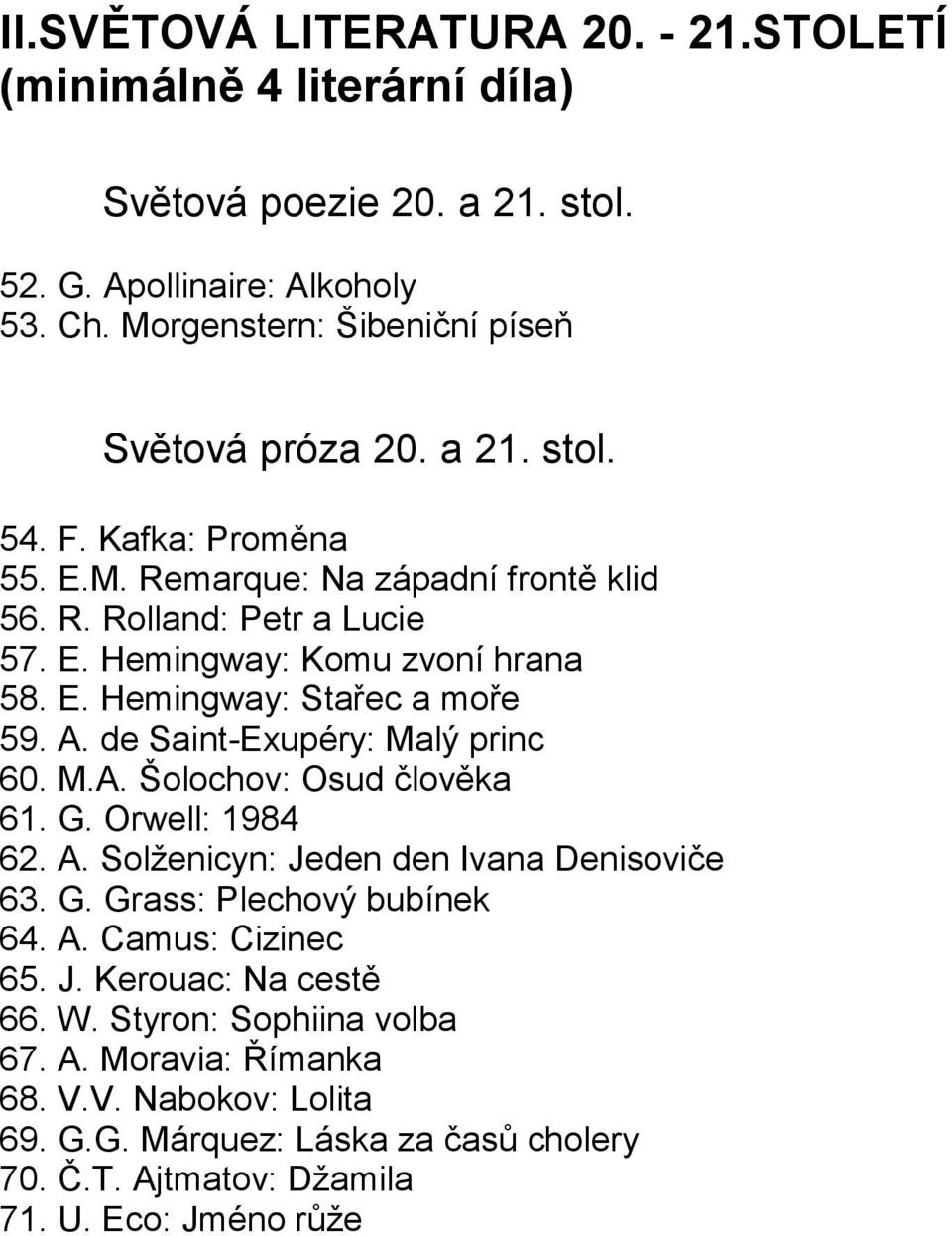 de SaintExupéry: Malý princ 60. M.A. Šolochov: Osud člověka 61. G. Orwell: 1984 62. A. Solženicyn: Jeden den Ivana Denisoviče 63. G. Grass: Plechový bubínek 64. A. Camus: Cizinec 65.