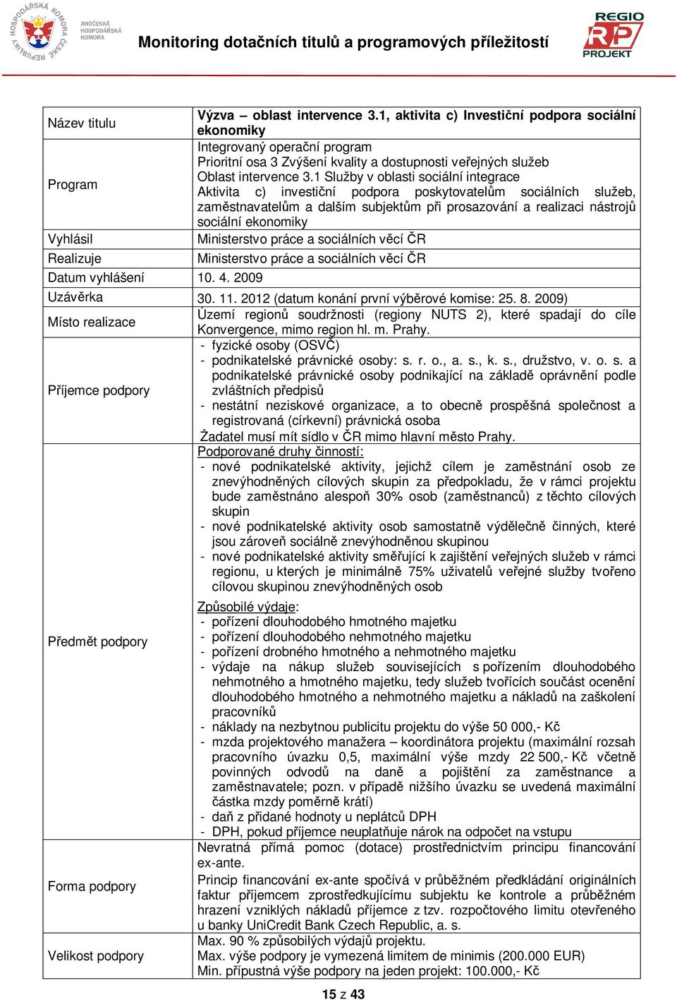 1 Služby v oblasti sociální integrace Aktivita c) investiní podpora poskytovatelm sociálních služeb, zamstnavatelm a dalším subjektm pi prosazování a realizaci nástroj sociální ekonomiky Ministerstvo
