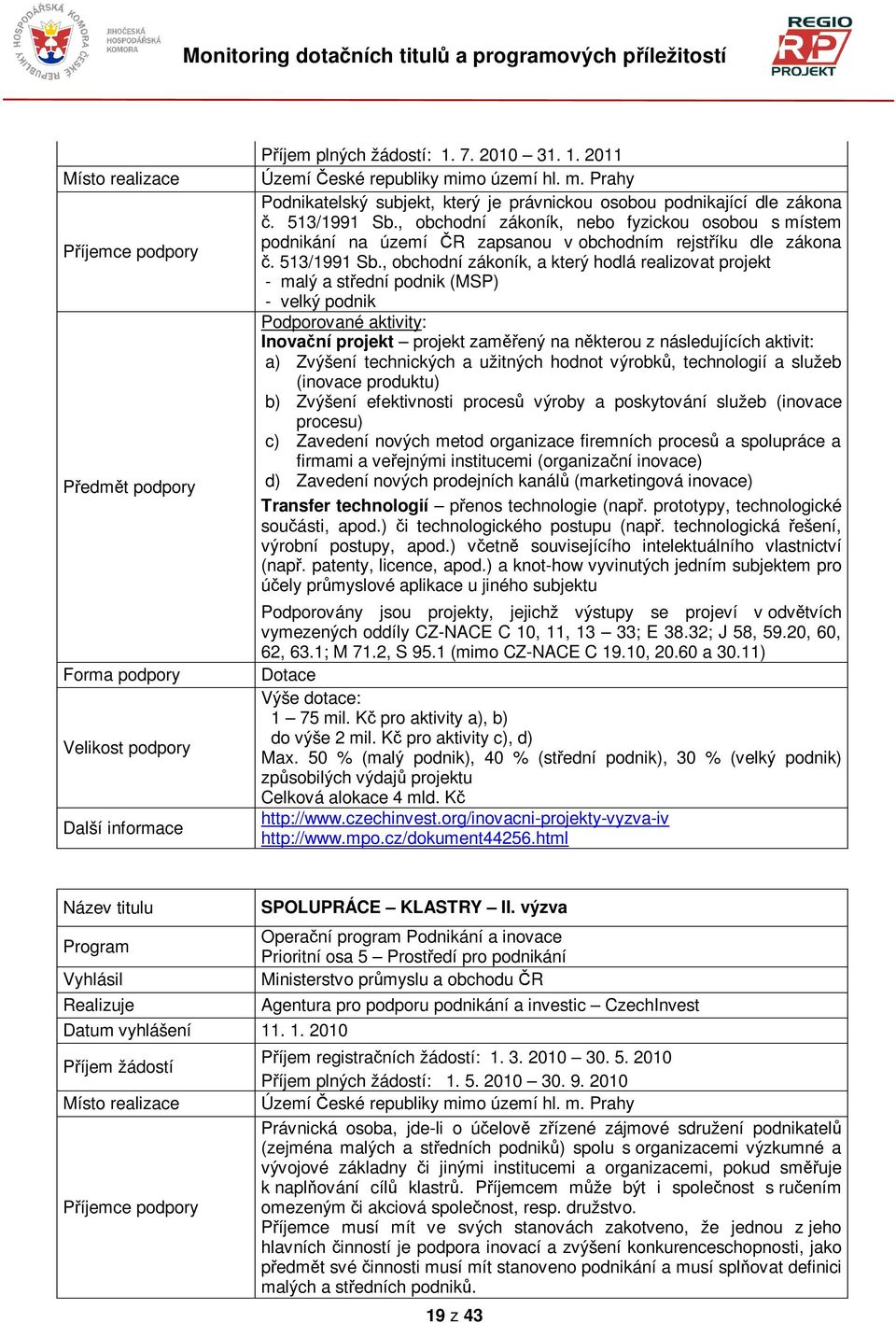 , obchodní zákoník, a který hodlá realizovat projekt - malý a stední podnik (MSP) - velký podnik Podporované aktivity: Inovaní projekt projekt zamený na nkterou z následujících aktivit: a) Zvýšení