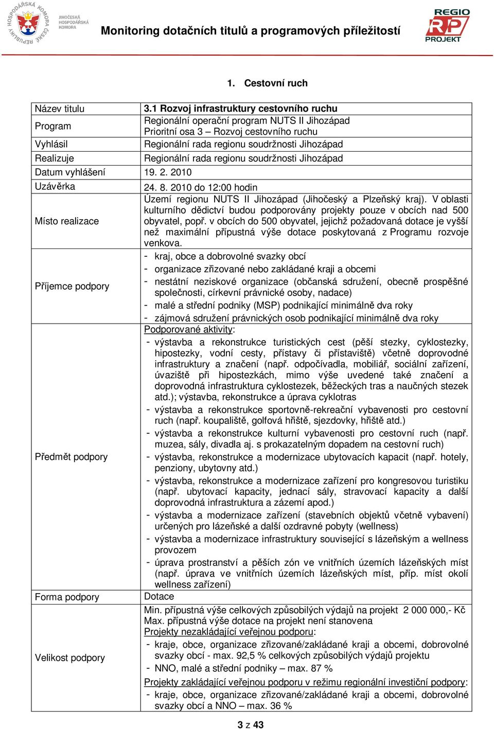 soudržnosti Jihozápad 24. 8. 2010 do 12:00 hodin Území regionu NUTS II Jihozápad (Jihoeský a Plzeský kraj).