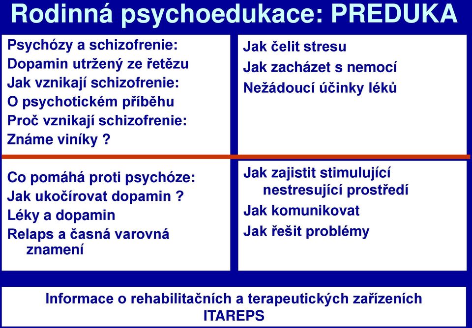 Léky a dopamin Relaps a časná varovná znamení Jak čelit stresu Jak zacházet s nemocí Nežádoucí účinky léků Jak zajistit