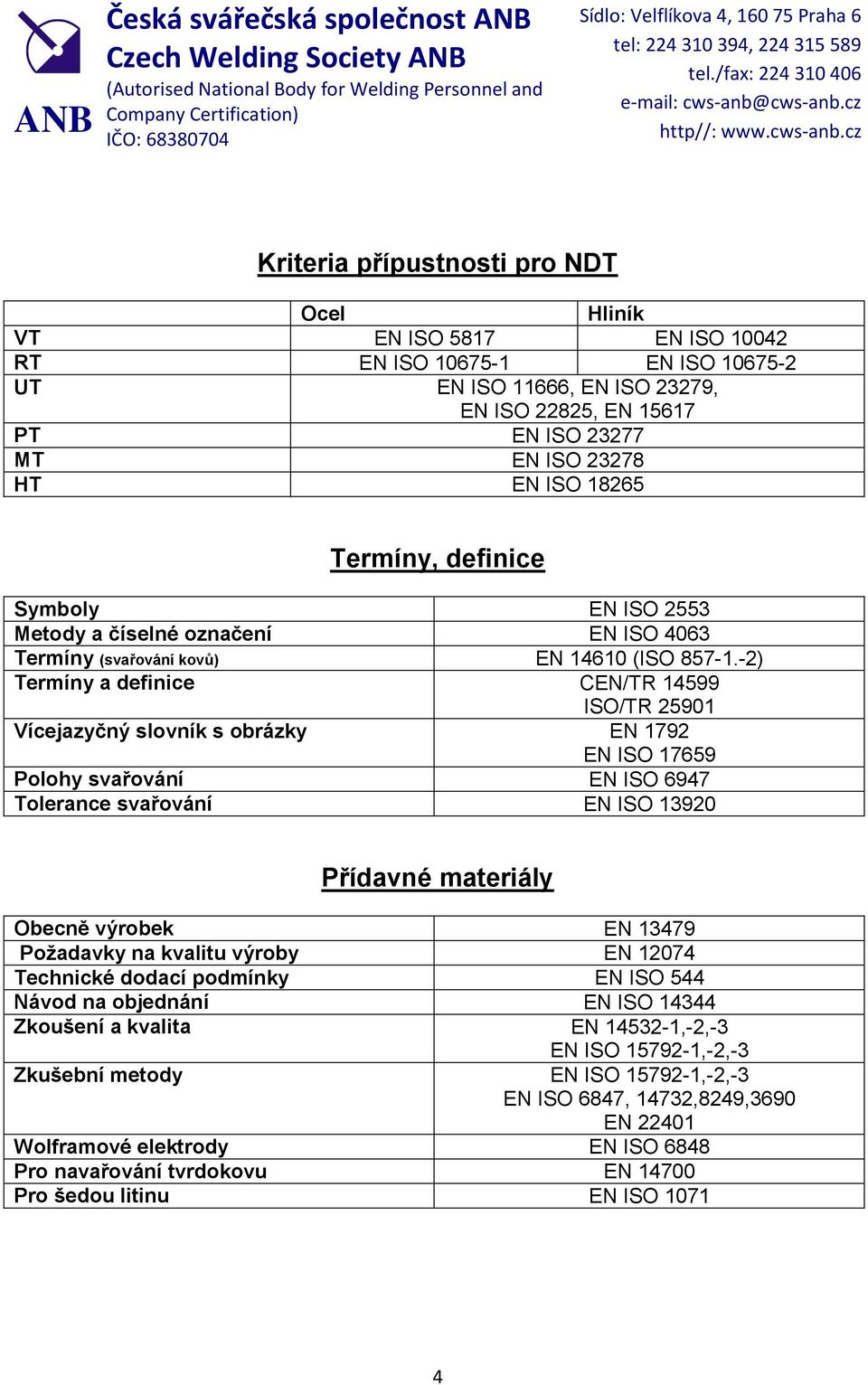 -2) Termíny a definice CEN/TR 14599 ISO/TR 25901 Vícejazyčný slovník s obrázky EN 1792 EN ISO 17659 Polohy EN ISO 6947 Tolerance EN ISO 13920 Přídavné materiály Obecně výrobek EN 13479 Požadavky na