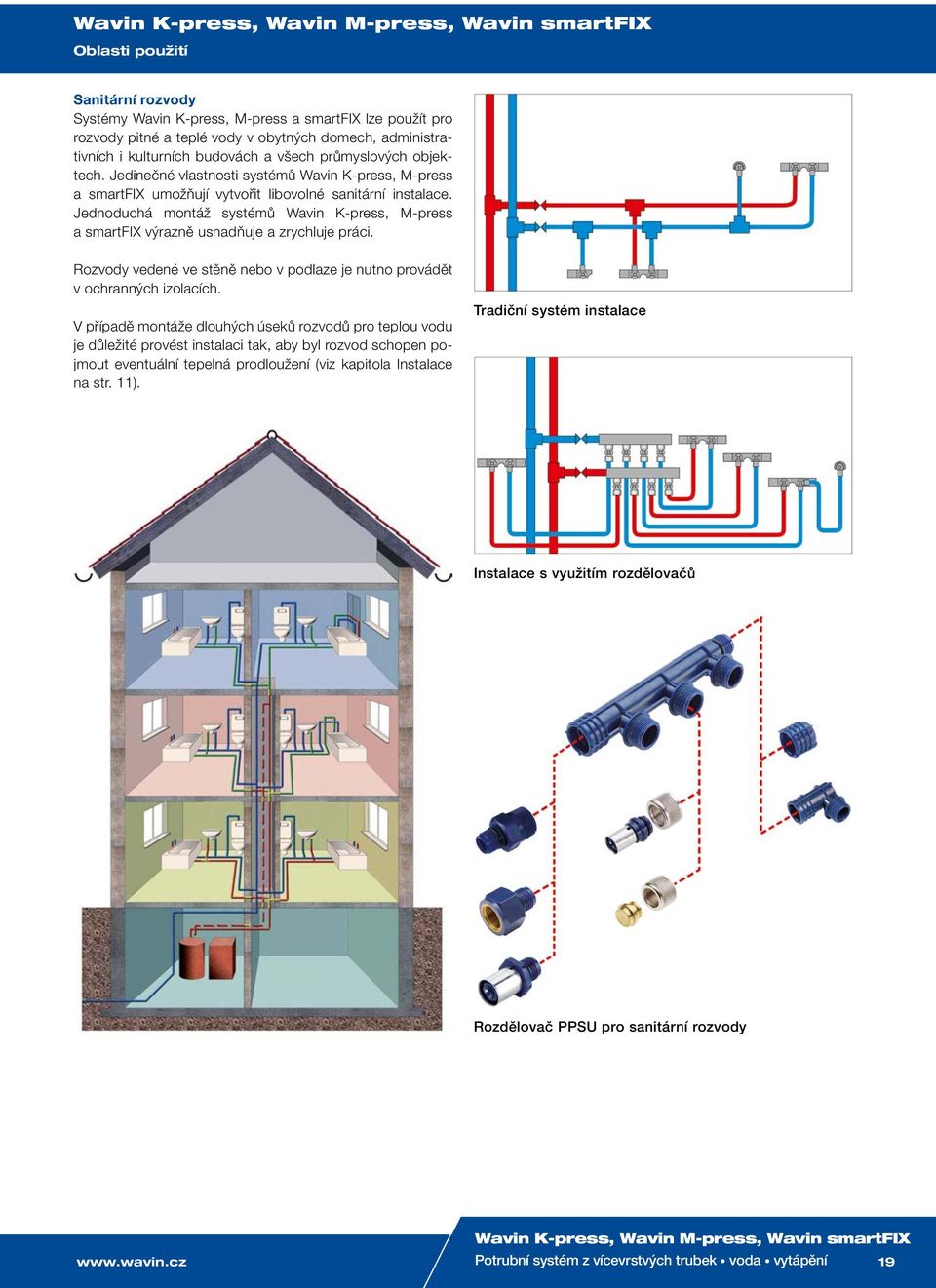Jednoduchá montáž systémů Wavin K-press, M-press a smartfix výrazně usnadňuje a zrychluje práci. Rozvody vedené ve stěně nebo v podlaze je nutno provádět v ochranných izolacích.