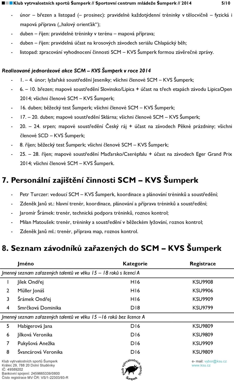 zprávy. Realizované jednorázové akce SCM KVS Šumperk v roce 2014-1. 4. únor; lyžařské soustředění Jeseníky; všichni členové SCM KVS Šumperk; - 6. 10.