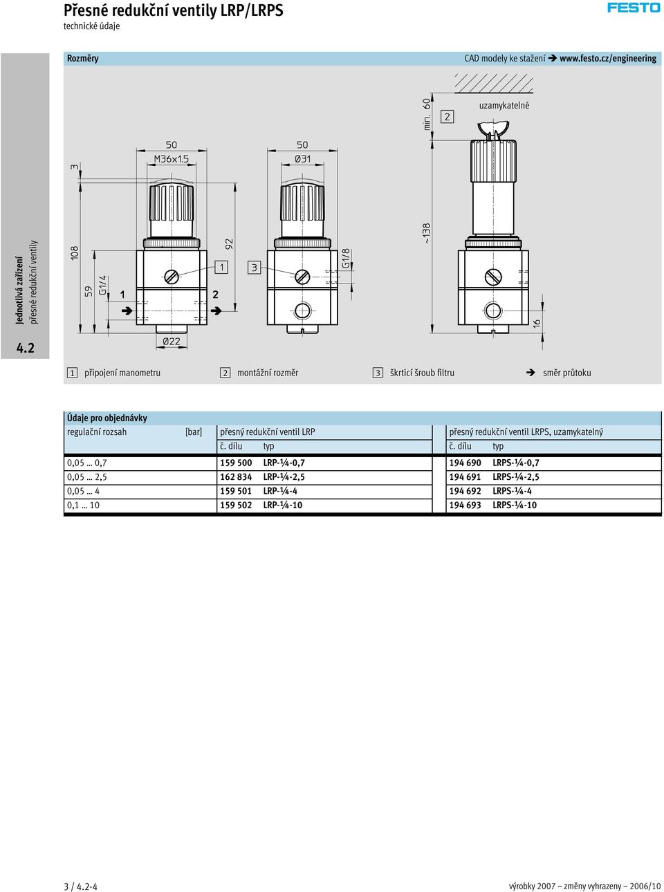 rozsah [bar] přesný redukční ventil LRP přesný redukční ventil LRPS, uzamykatelný č. dílu typ č.