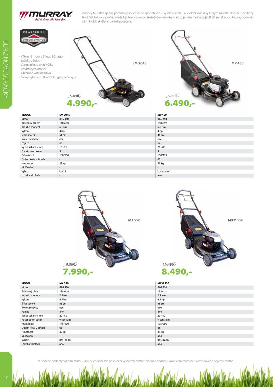 BENZÍNOVÉ SEKAČKY Výkonné motory Briggs & Stratton Ložiska v kolech Centrální nastavení výšky u vybraných modelů Objemné koše na trávu Široký výběr od základních typů po nejvyšší EM 2045 MP 450 MODEL