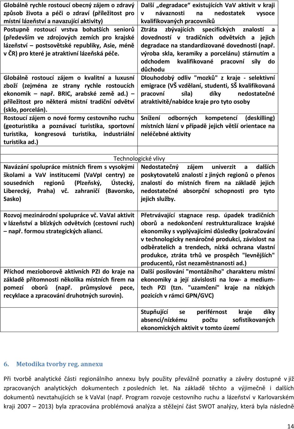 Globálně rostoucí zájem o kvalitní a luxusní zboží (zejména ze strany rychle rostoucích ekonomik např. BRIC, arabské země ad.) příležitost pro některá místní tradiční odvětví (sklo, porcelán).