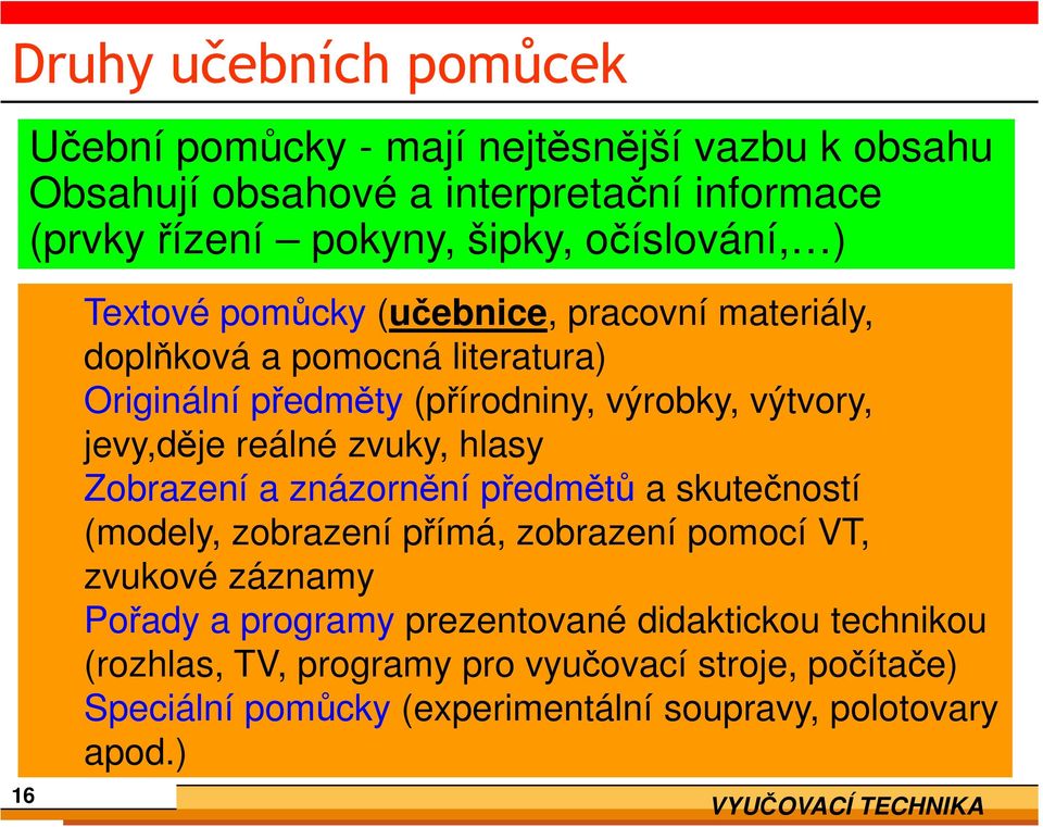 jevy,děje reálné zvuky, hlasy Zobrazení a znázornění předmětů a skutečností (modely, zobrazení přímá, zobrazení pomocí VT, zvukové záznamy Pořady a