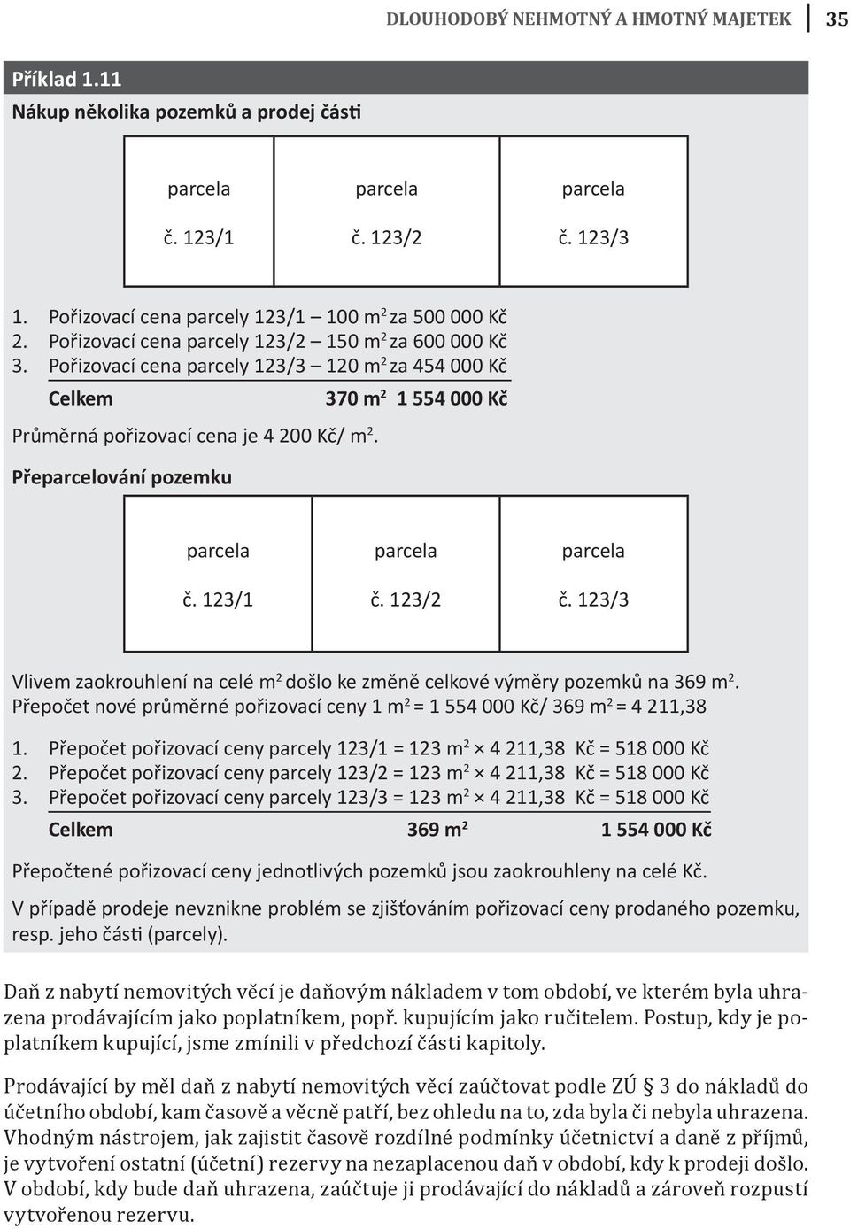 Přeparcelování pozemku 370 m 2 1 554 000 Kč č. 123/2 Vlivem zaokrouhlení na celé m 2 došlo ke změně celkové výměry pozemků na 369 m 2.