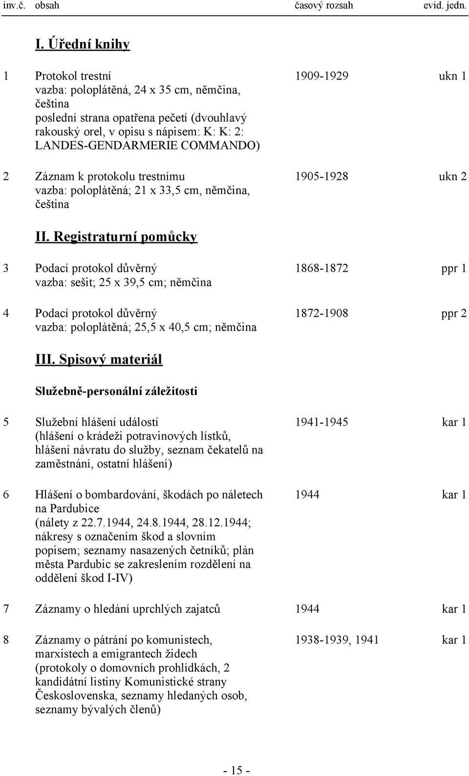 Záznam k protokolu trestnímu vazba: poloplátěná; 21 x 33,5 cm, němčina, čeština 1909-1929 ukn 1 1905-1928 ukn 2 II.