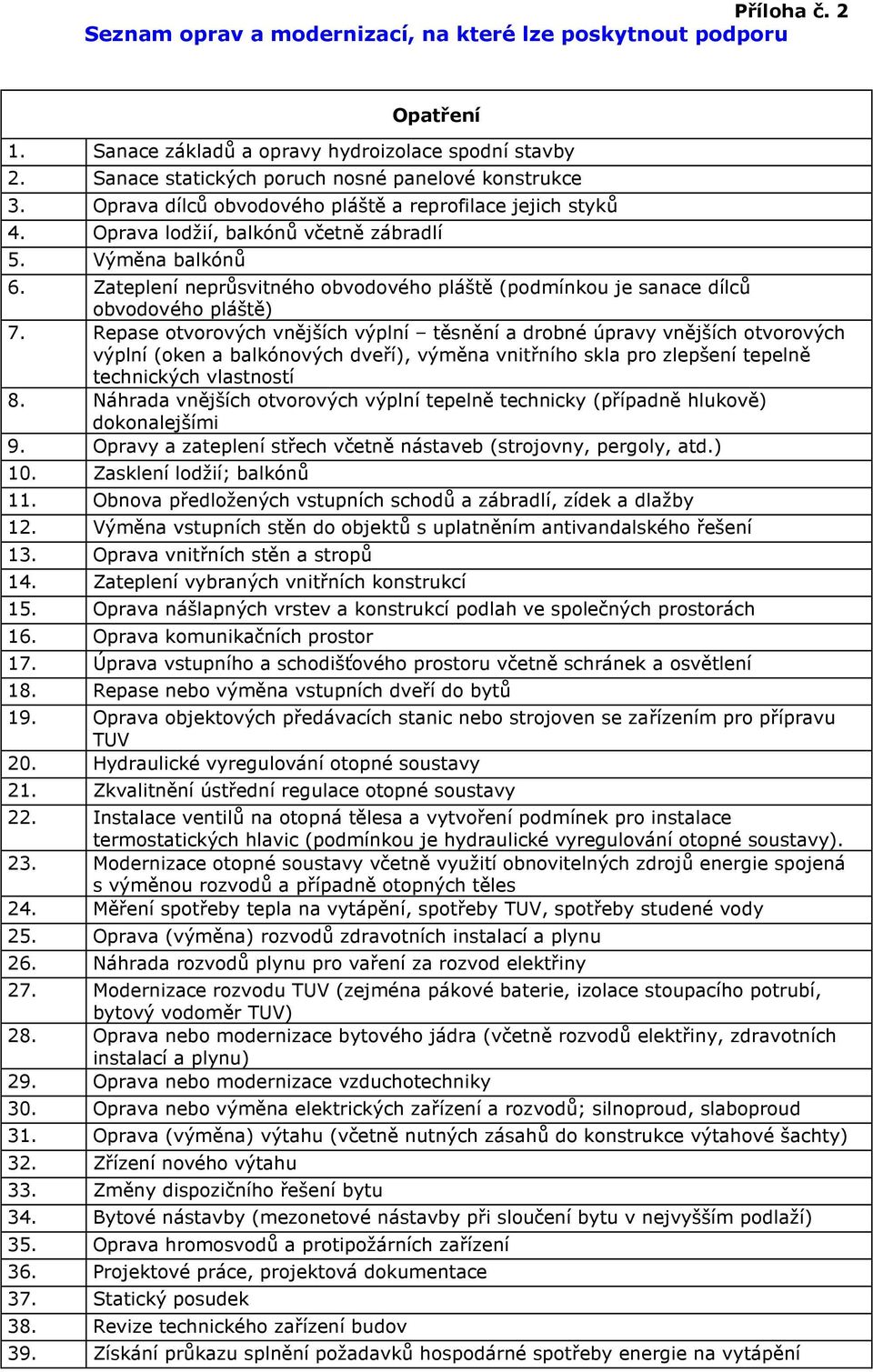 Zateplení neprůsvitného obvodového pláště (podmínkou je sanace dílců obvodového pláště) 7.