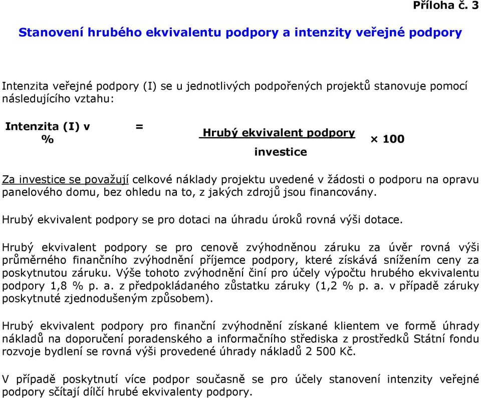 Hrubý ekvivalent podpory investice 100 Za investice se považují celkové náklady projektu uvedené v žádosti o podporu na opravu panelového domu, bez ohledu na to, z jakých zdrojů jsou financovány.