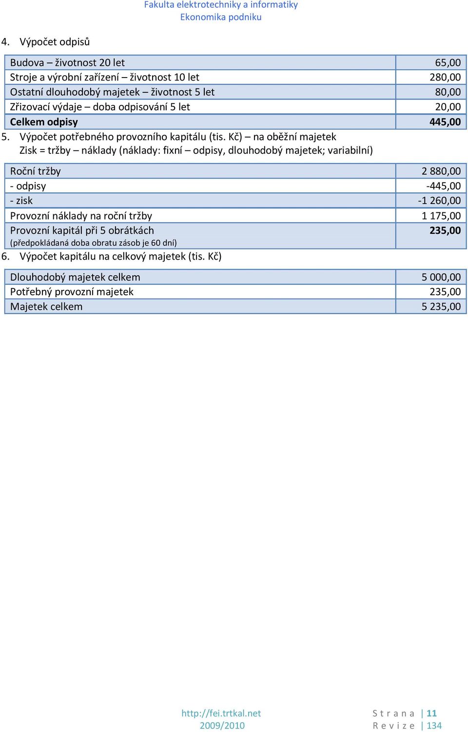 Kč) na oběžní majetek Zisk = tržby náklady (náklady: fixní odpisy, dlouhodobý majetek; variabilní) Roční tržby 2880,00 - odpisy -445,00 - zisk -1260,00 Provozní náklady na roční