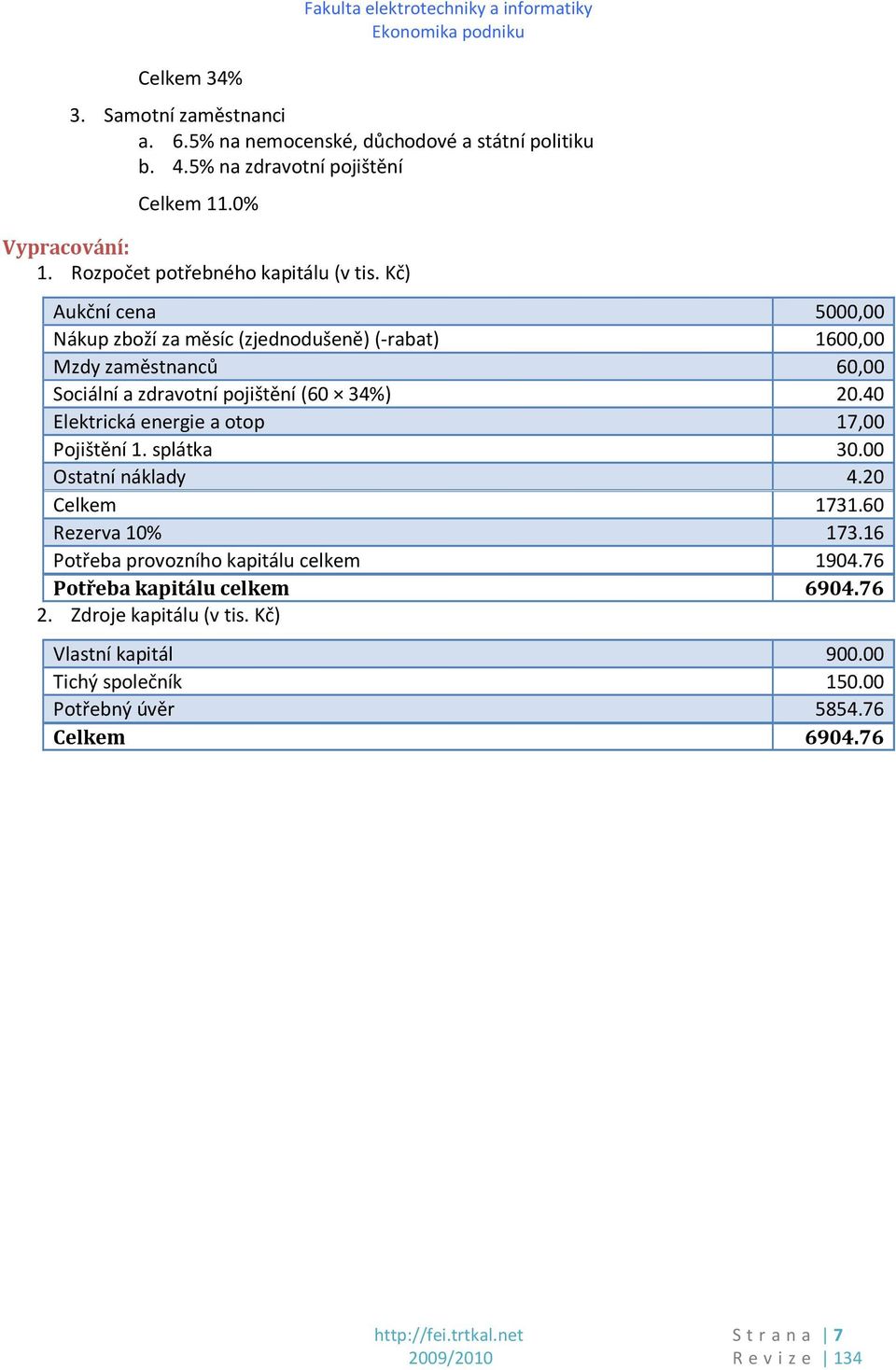 Kč) Aukční cena 5000,00 Nákup zboží za měsíc (zjednodušeně) (-rabat) 1600,00 Mzdy zaměstnanců 60,00 Sociální a zdravotní pojištění (60 34%) 20.