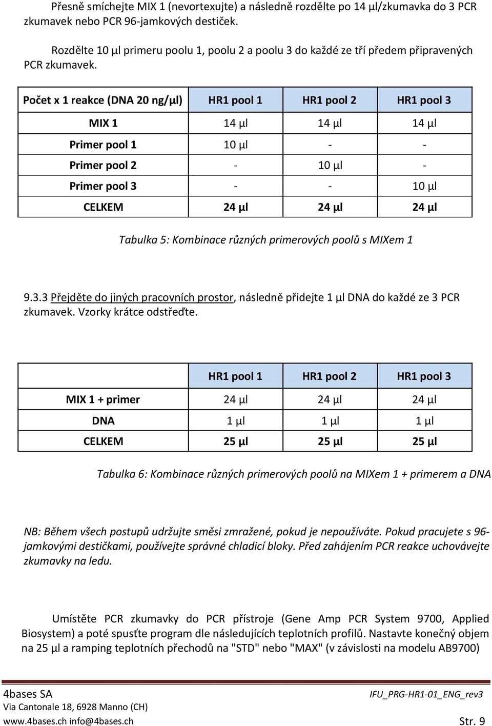 Počet x 1 reakce (DNA 20 ng/µl) HR1 pool 1 HR1 pool 2 HR1 pool 3 MIX 1 14 µl 14 µl 14 µl Primer pool 1 10 µl - - Primer pool 2-10 µl - Primer pool 3 - - 10 µl CELKEM 24 µl 24 µl 24 µl Tabulka 5: