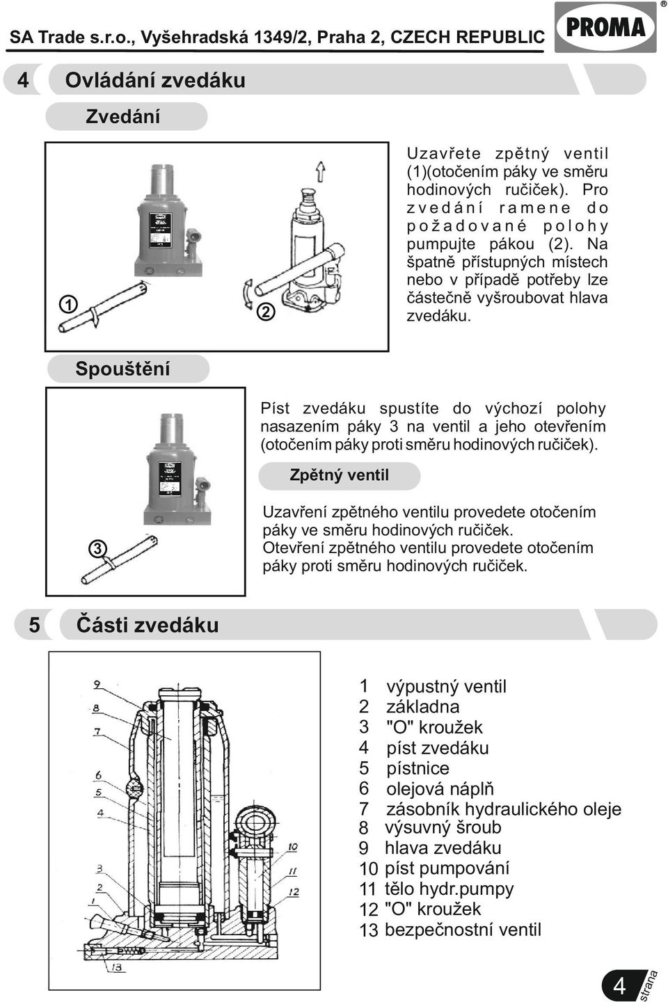 2 Spouštění Píst zvedáku spustíte do výchozí polohy sazením páky 3 ventil a jeho otevřením (otočením páky proti směru hodinových ručiček).