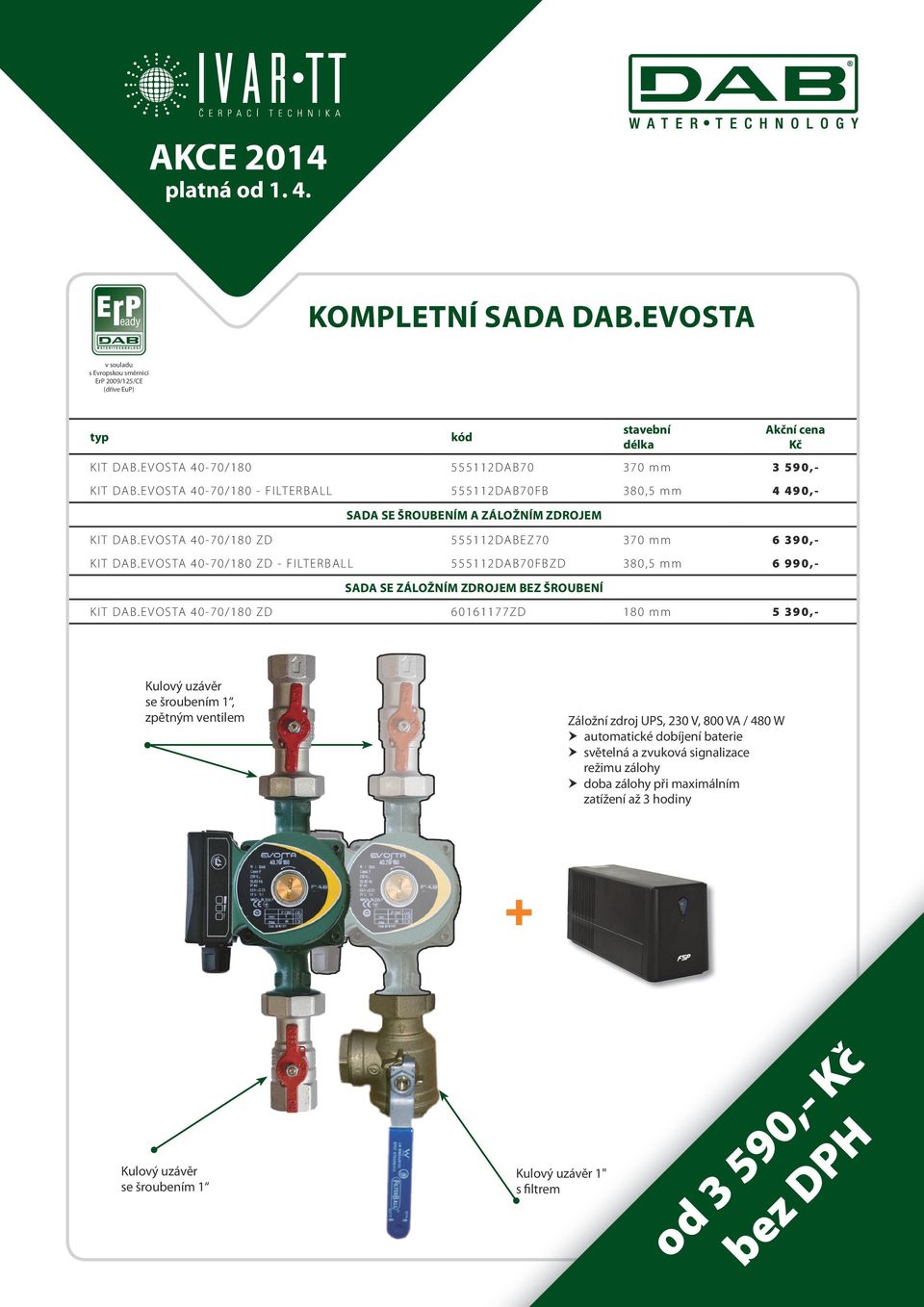 EVOSTA 40-70/180 ZD - FILTERBALL 555112DAB70FBZD 380,5 mm 6 990,- SADA SE ZÁLOŽNÍM ZDROJEM BEZ ŠROUBENÍ KIT DAB.