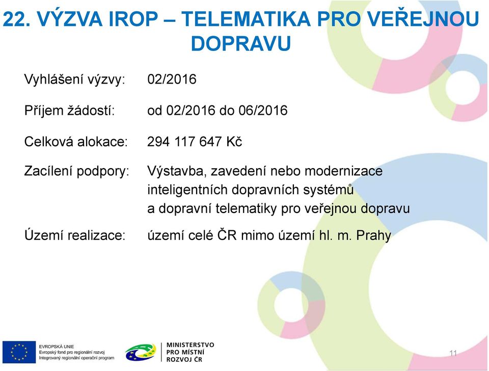 294 117 647 Kč Výstavba, zavedení nebo modernizace inteligentních dopravních