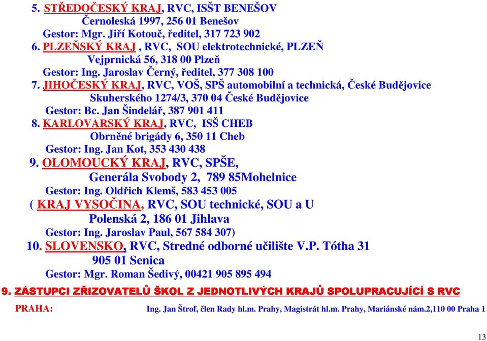 JIHOČESKÝ KRAJ, RVC, VOŠ, SPŠ automobilní a technická, České Budějovice Skuherského 1274/3, 370 04 České Budějovice Gestor: Bc. Jan Šindelář, 387 901 411 8.