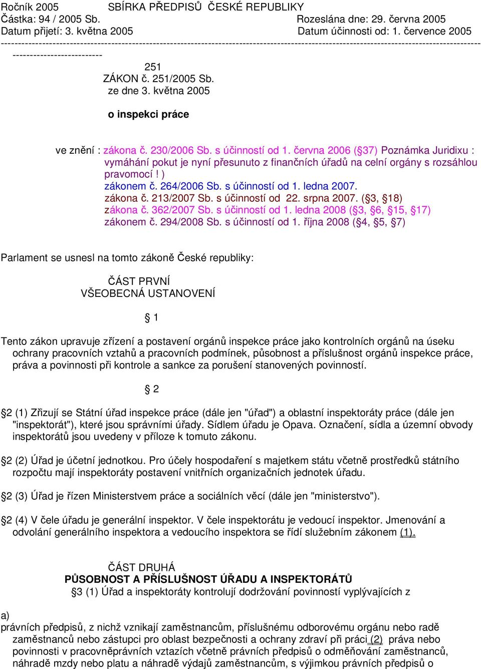 251/2005 Sb. ze dne 3. května 2005 o inspekci práce ve znění : zákona č. 230/2006 Sb. s účinností od 1.