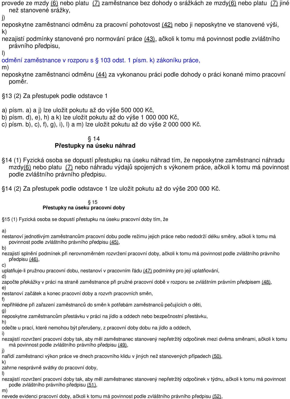 1 písm. k) zákoníku práce, m) neposkytne zaměstnanci odměnu (44) za vykonanou práci podle dohody o práci konané mimo pracovní poměr. 13 (2) Za přestupek podle odstavce 1 písm.