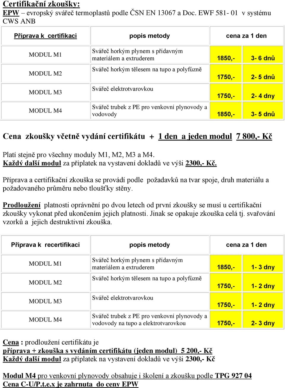 horkým tělesem na tupo a polyfúzně Svářeč elektrotvarovkou 1750,- 2-5 dnů 1750,- 2-4 dny Svářeč trubek z PE pro venkovní plynovody a vodovody 1850,- 3-5 dnů Cena zkoušky včetně vydání certifikátu + 1