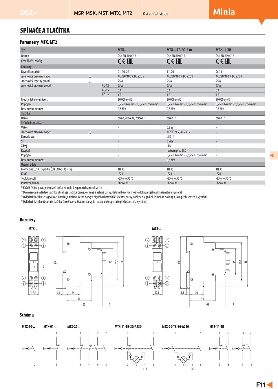 .-TB-SG-0 MT--TB Normy ČSN EN 09-- ČSN EN 09-- ČSN EN 09-- Řazení kontaktů ) 0, 0,, 0 x Jmenovité pracovní napětí U e AC 0/00 V, DC 0 V AC 0/00 V, DC 0 V AC 0/00 V, DC 0 V Jmenovitý tepelný proud I