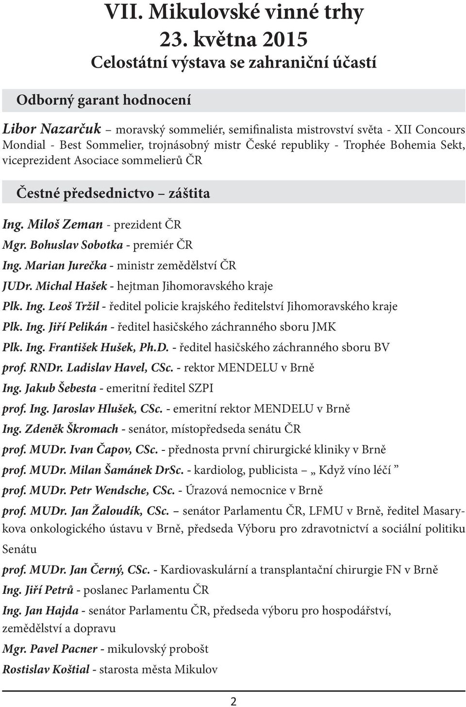 mistr České republiky - Trophée Bohemia Sekt, viceprezident Asociace sommelierů ČR Čestné předsednictvo záštita Ing. Miloš Zeman - prezident ČR Mgr. Bohuslav Sobotka - premiér ČR Ing.