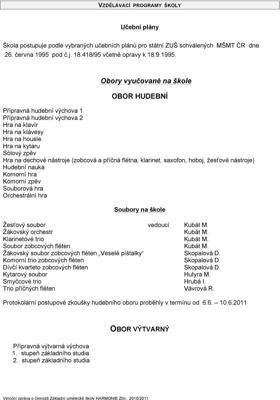 Obory vyučované na škole OBOR HUDEBNÍ Přípravná hudební výchova 1 Přípravná hudební výchova 2 Hra na klavír Hra na klávesy Hra na housle Hra na kytaru Sólový zpěv Hra na dechové nástroje (zobcová a