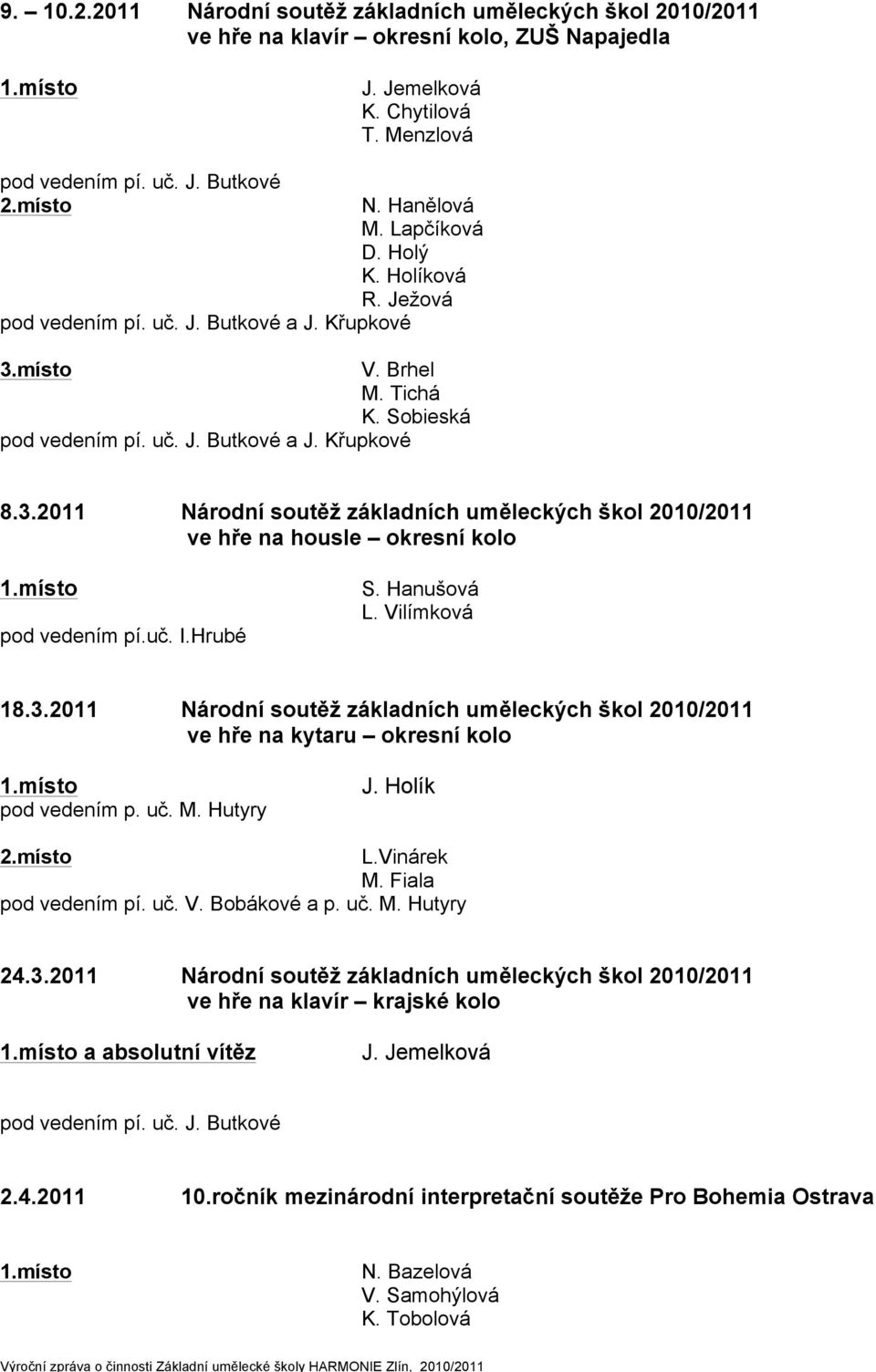 místo pod vedením pí.uč. I.Hrubé S. Hanušová L. Vilímková 18.3.2011 Národní soutěž základních uměleckých škol 2010/2011 ve hře na kytaru okresní kolo 1.místo pod vedením p. uč. M. Hutyry J. Holík 2.