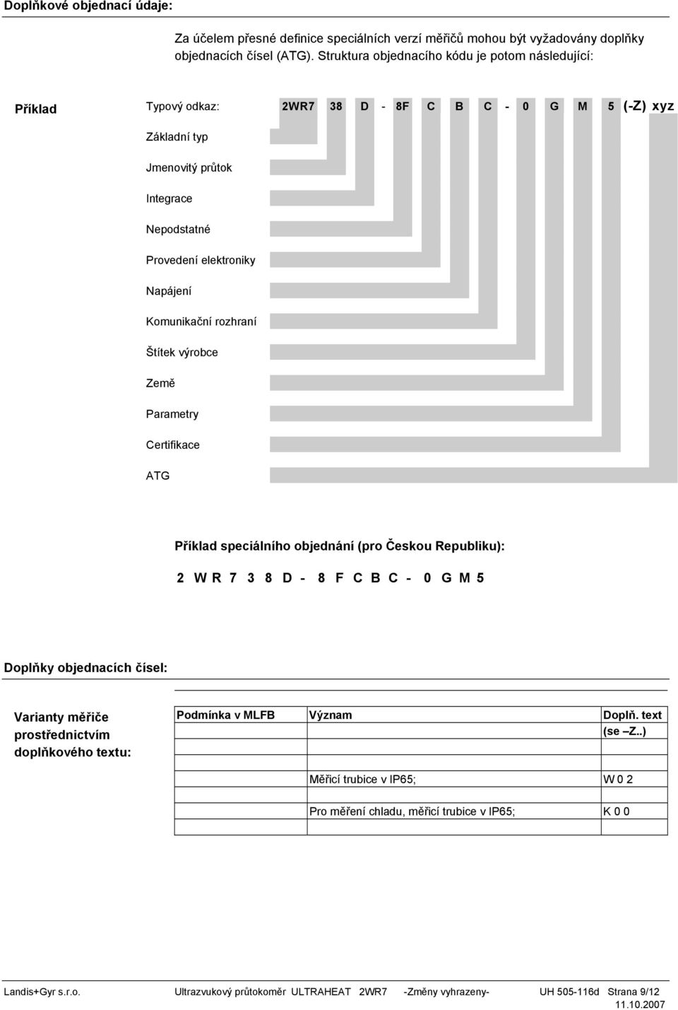 Komunikační rozhraní Štítek výrobce Země Parametry Certifikace ATG Příklad speciálního objednání (pro Českou Republiku): 2 W R 7 3 8 D - 8 F C B C - 0 G M 5 Doplňky objednacích čísel: Varianty