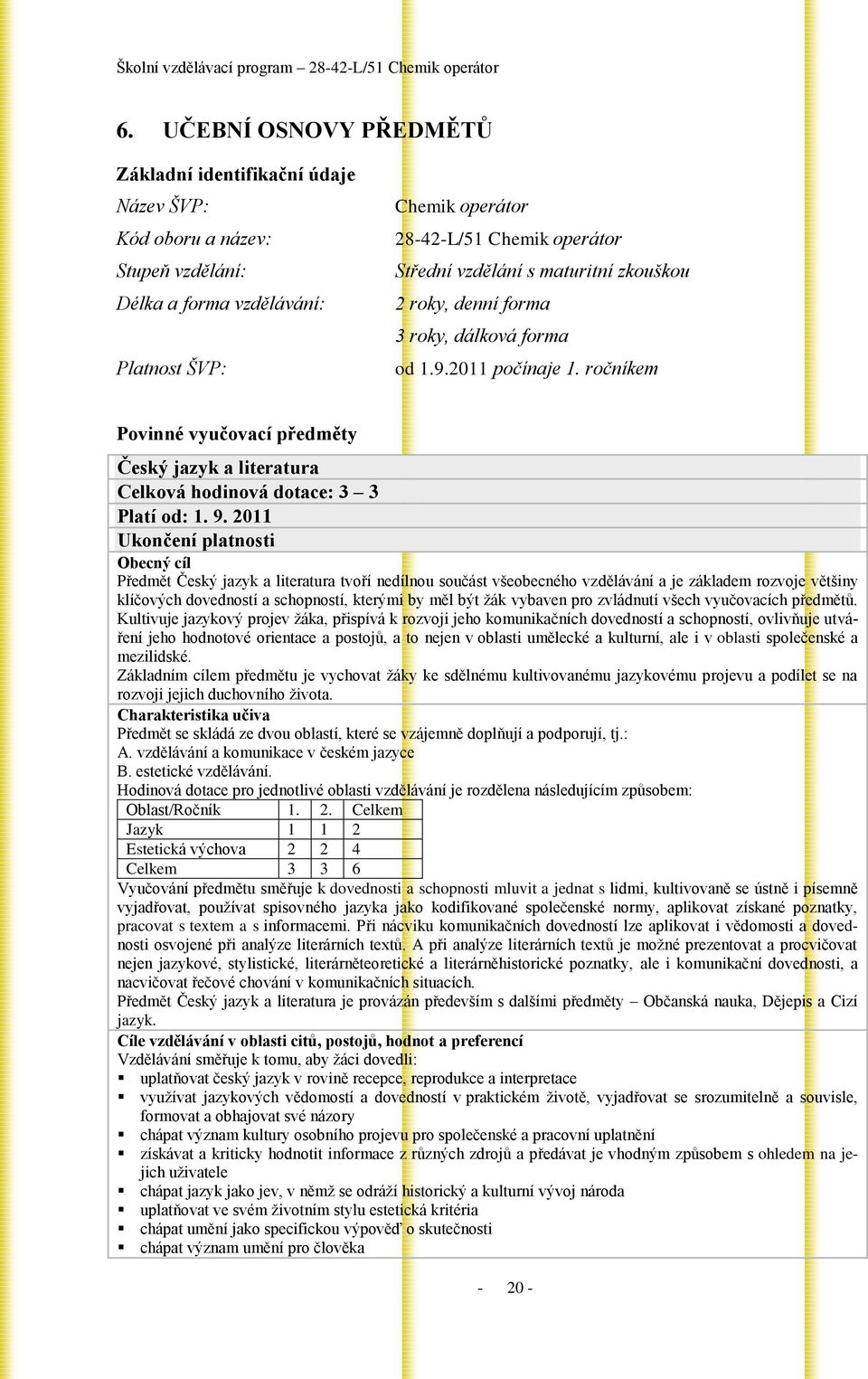 s maturitní zkouškou 2 roky, denní forma 3 roky, dálková forma od 1.9.2011 počínaje 1. ročníkem Povinné vyučovací předměty Český jazyk a literatura Celková hodinová dotace: 3 3 Platí od: 1. 9.