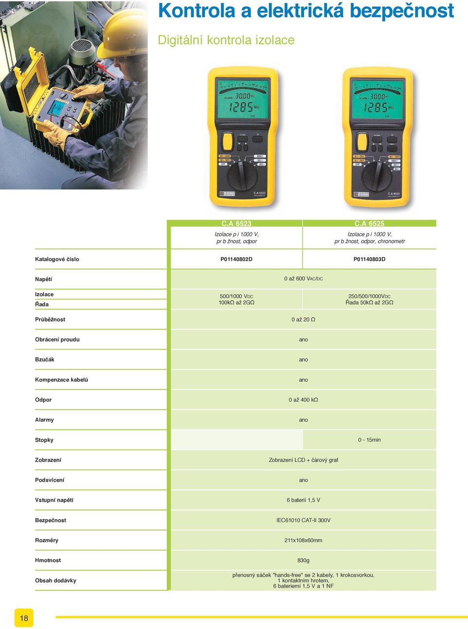Řada 500/1000 Vdc 100kΩ až 2GΩ 250/500/1000Vdc Řada 50kΩ až 2GΩ Průběžnost 0 až 20 Ω Obrácení proudu ano Bzučák ano Kompenzace kabelů ano Odpor 0 až 400 kω Alarmy ano