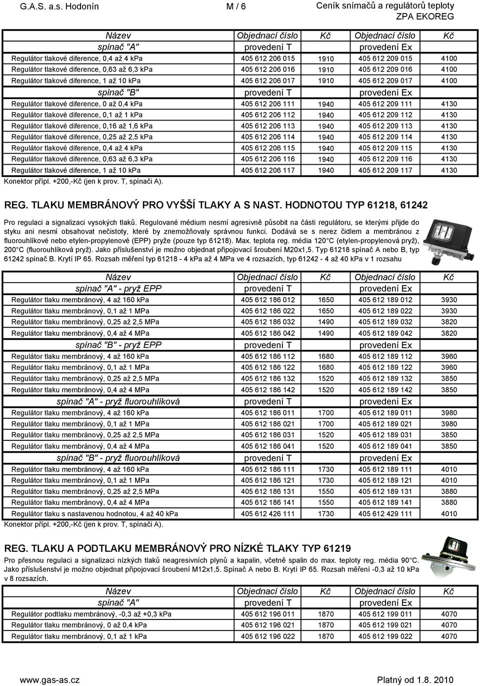 405 612 209 016 4100 Regulátor tlakové diference, 1 až 10 kpa 405 612 206 017 1910 405 612 209 017 4100 spínač "B" provedení T provedení Ex Regulátor tlakové diference, 0 až 0,4 kpa 405 612 206 111