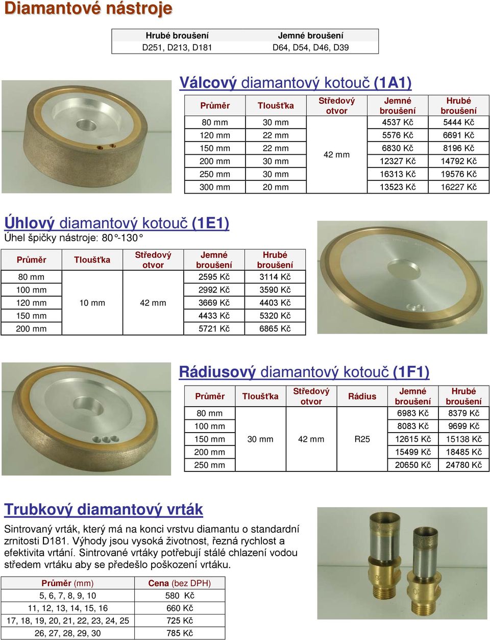 broušení 80 30 4537 Kč 5444 Kč 120 22 5576 Kč 6691 Kč 150 22 6830 Kč 8196 Kč 42 200 30 12327 Kč 14792 Kč 250 30 16313 Kč 19576 Kč 300 20 13523 Kč 16227 Kč Rádiusový diamantový kotouč (1F1) Průměr