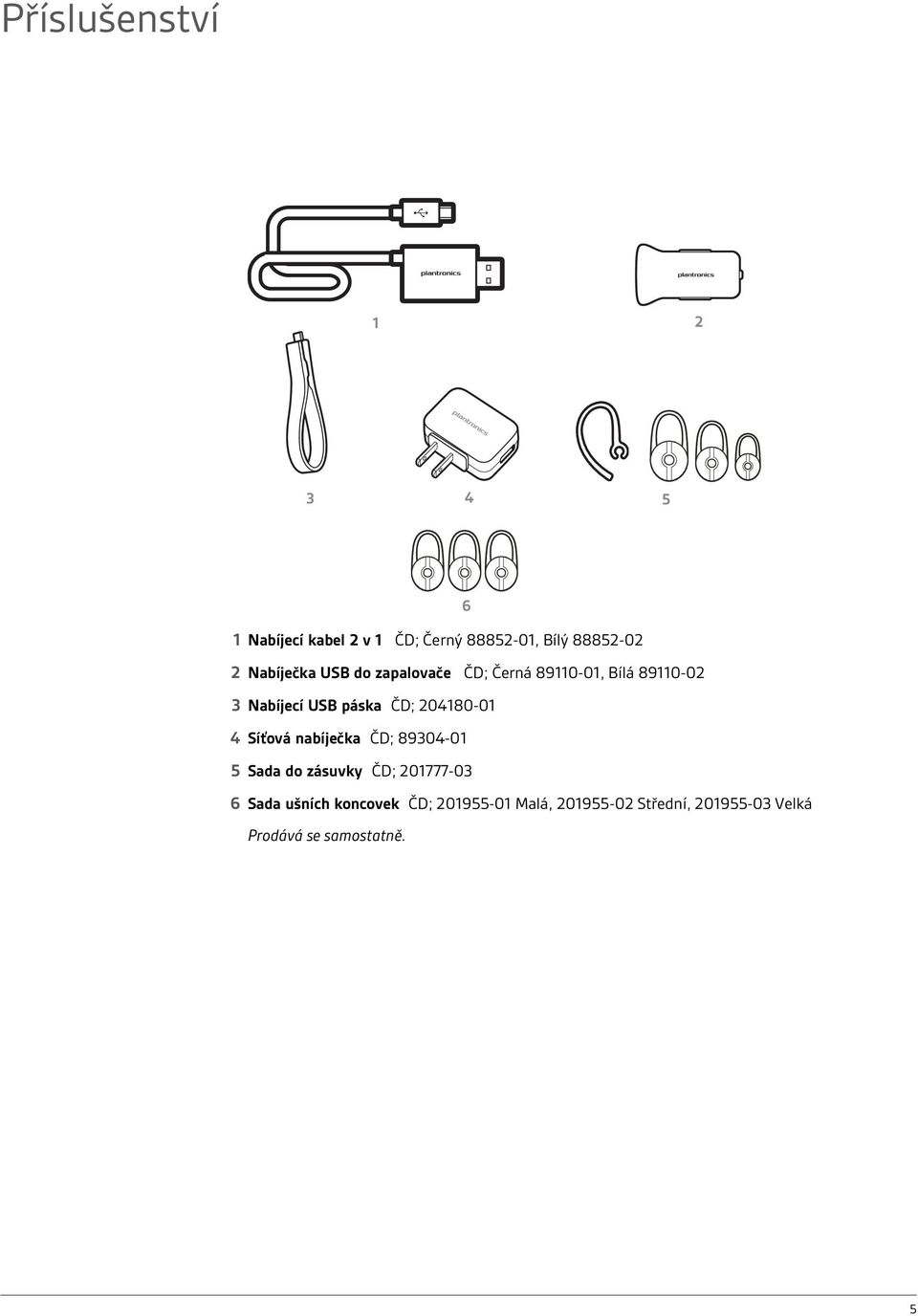 204180-01 4 Síťová nabíječka ČD; 89304-01 5 Sada do zásuvky ČD; 201777-03 6 Sada