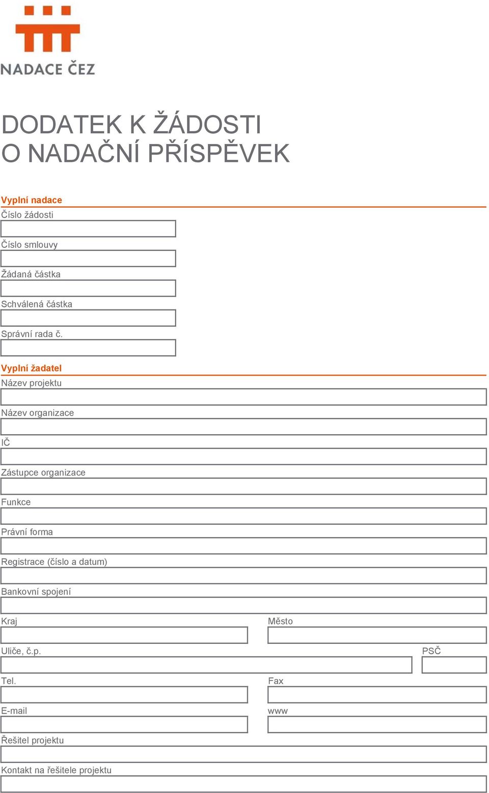 Vyplní žadatel Název projektu Název organizace IČ Zástupce organizace Funkce Právní
