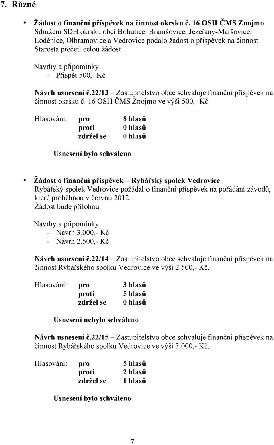 Návrhy a připomínky: - Přispět 500,- Kč Návrh usnesení č.22/13 Zastupitelstvo obce schvaluje finanční příspěvek na činnost okrsku č. 16 OSH ČMS Znojmo ve výši 500,- Kč.